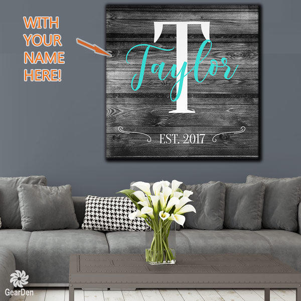 personalized wood teal family name canvas wall art large