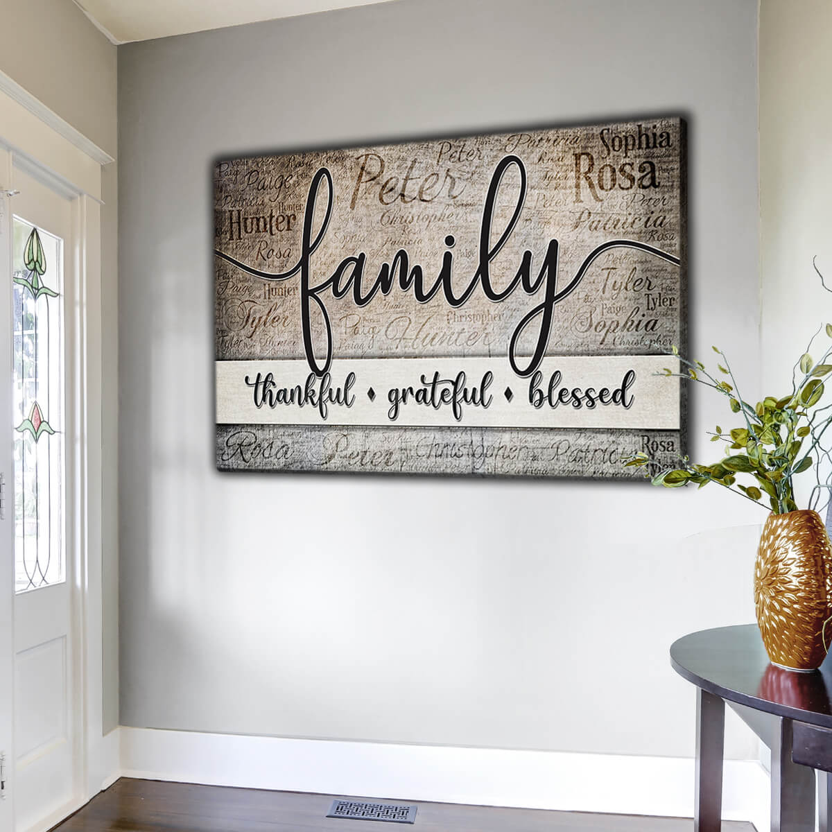 Personalized "Thankful. Grateful. Blessed" With Names On Background Premium Canvas Wall Art