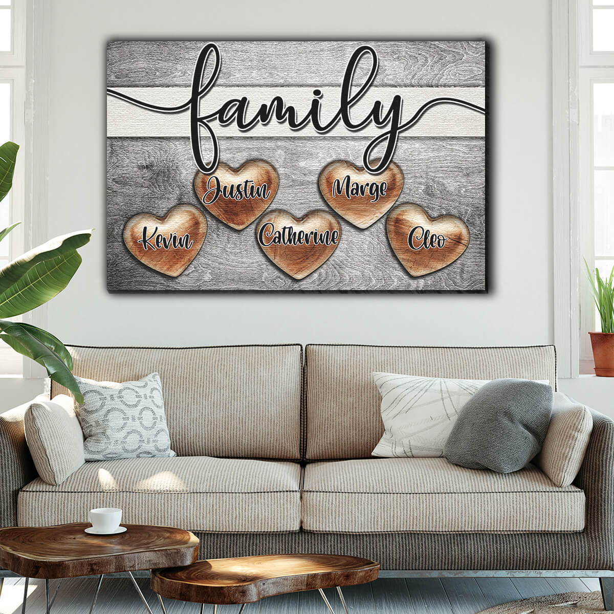 Personalized "Family - Names On Wood Tone Hearts" Canvas Wall Art - GearDen