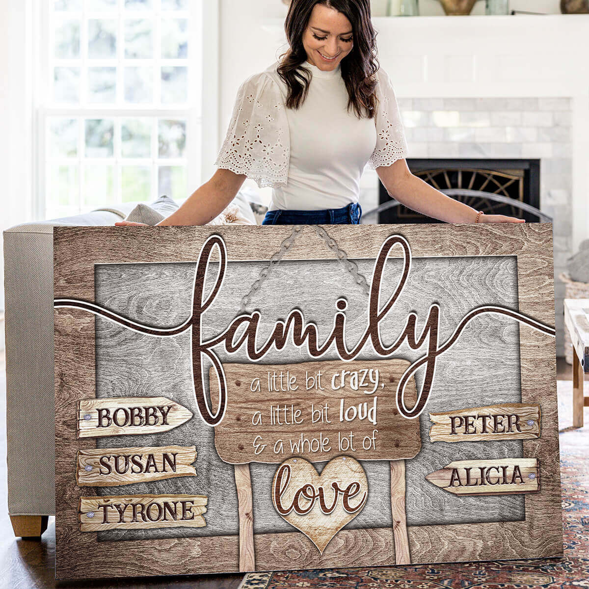 Personalized "Family - Crazy Loud Love" Wood Style Premium Canvas