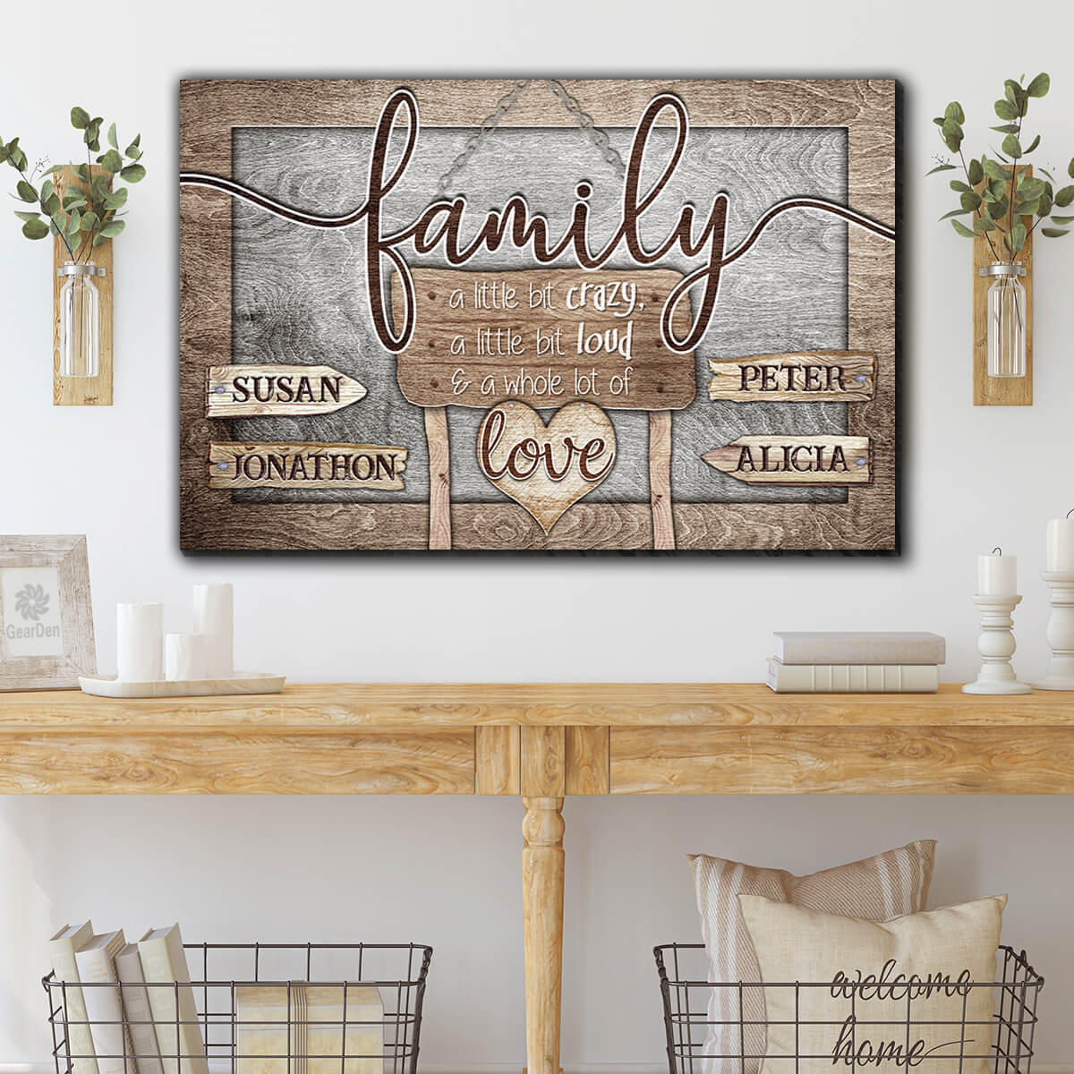 Personalized "Family - Crazy Loud Love Wood Style" Canvas Wall Art