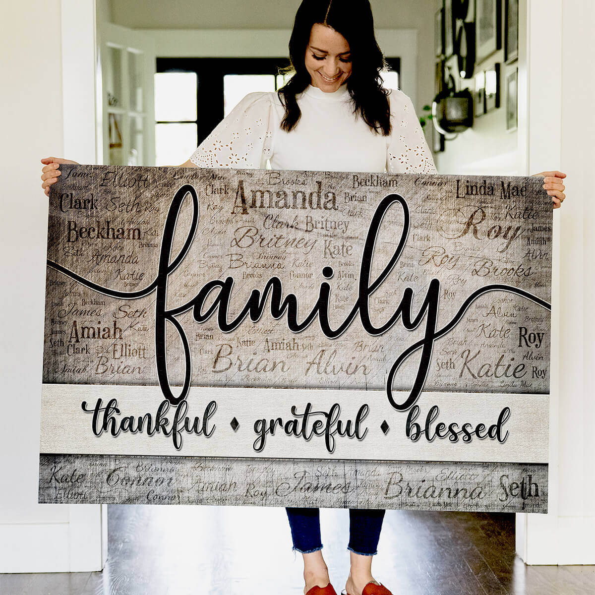 Personalized "Thankful. Grateful. Blessed" With Names On Background Premium Canvas Wall Art