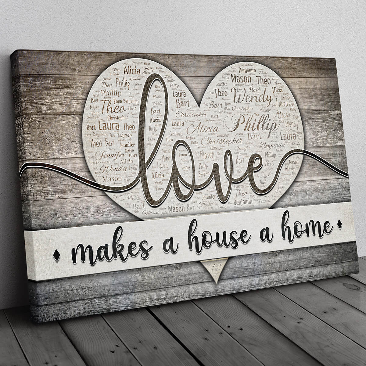 Personalized "Love Makes A House A Home" Names On Heart Premium Canvas