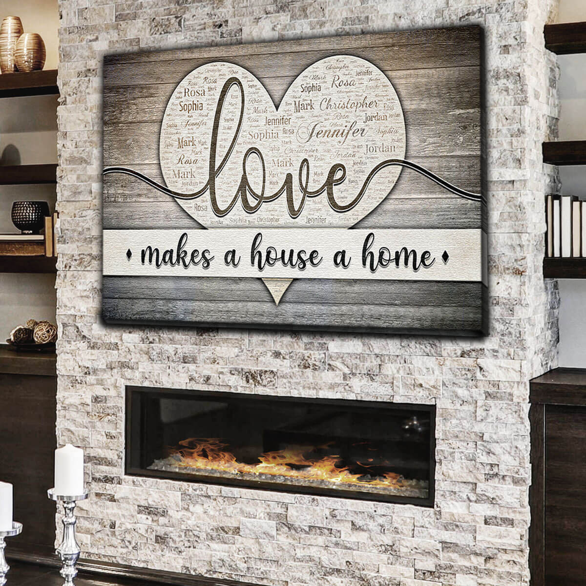 Personalized "Love Makes A House A Home" Names On Heart Premium Canvas