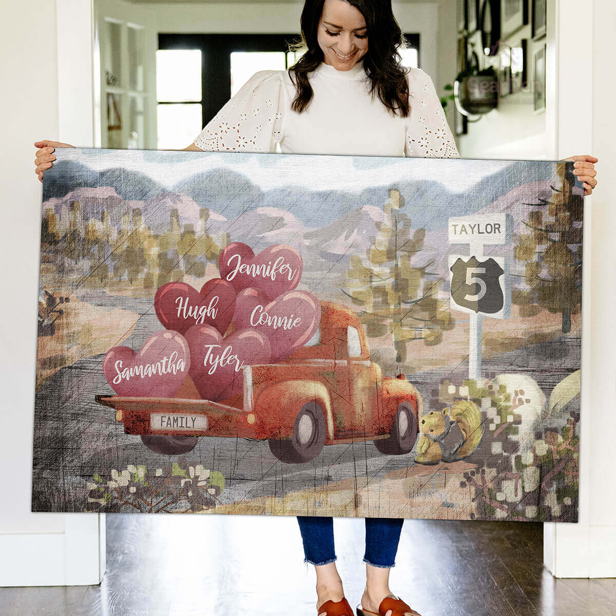 Personalized "Pickup Truck & Names on Hearts" Premium Canvas