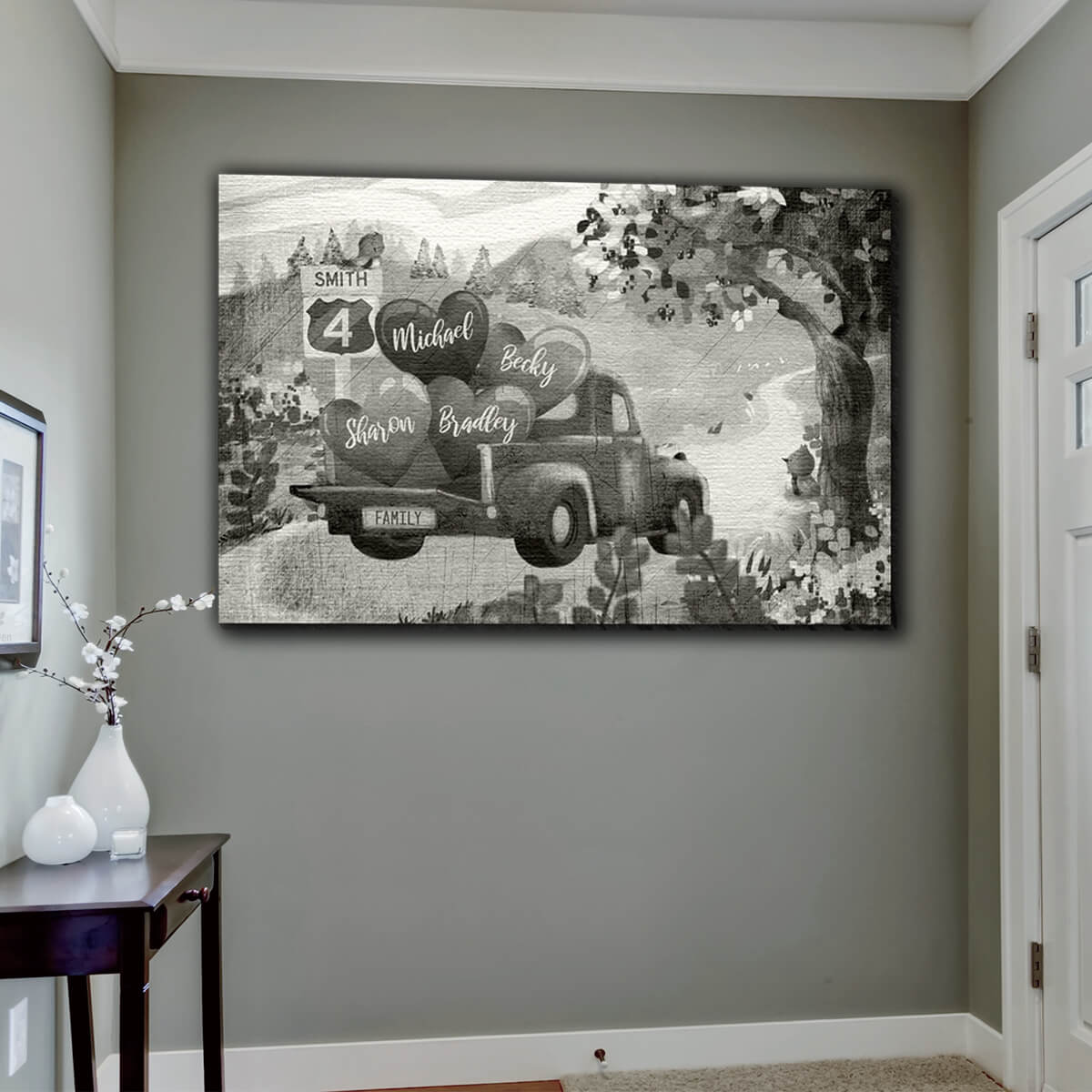 Personalized "Pickup Truck & Names on Hearts" Premium Canvas