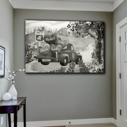 Personalized "Pickup Truck & Names on Hearts" Premium Canvas