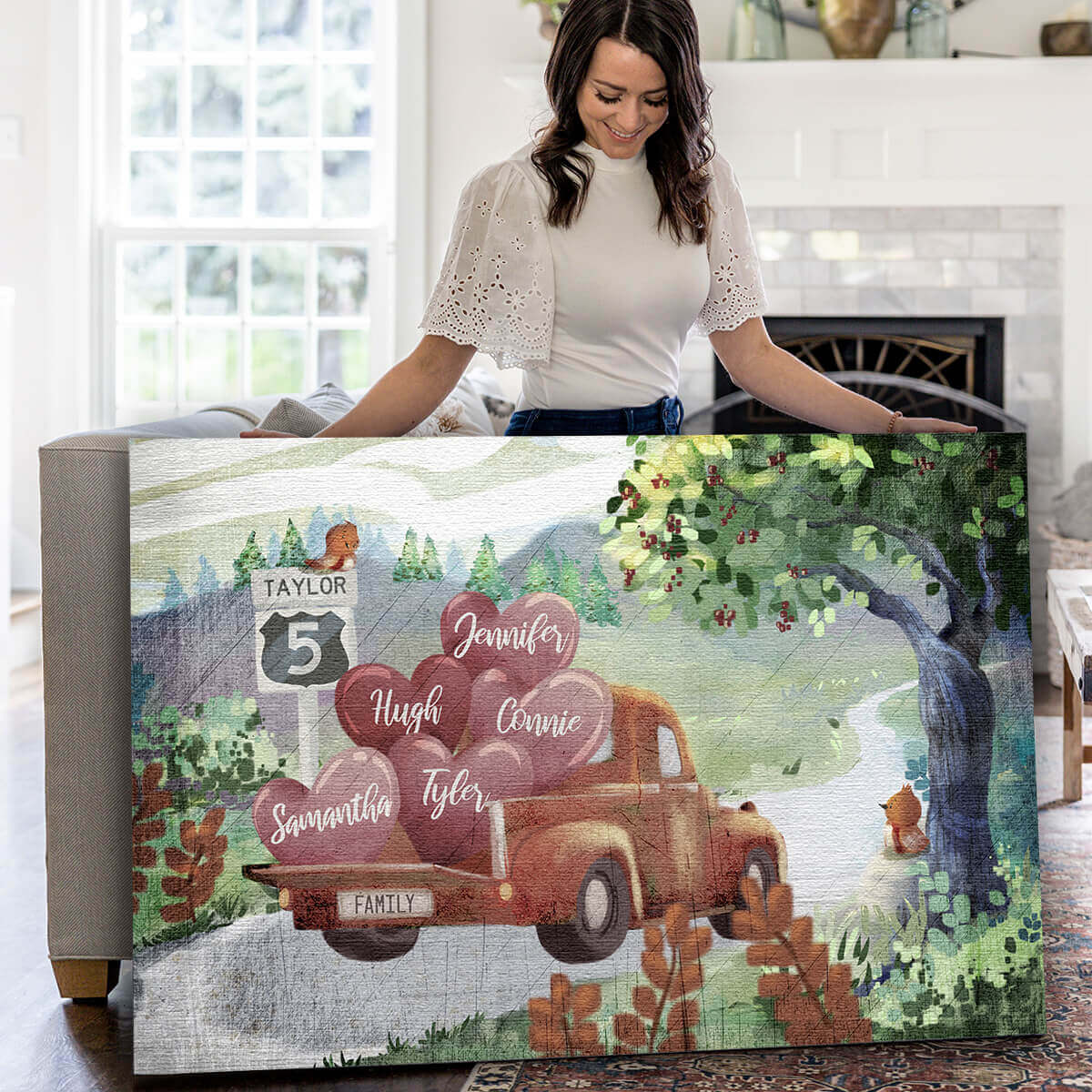 Personalized Pickup Truck & Names on Hearts in trunk Canvas Wall Art