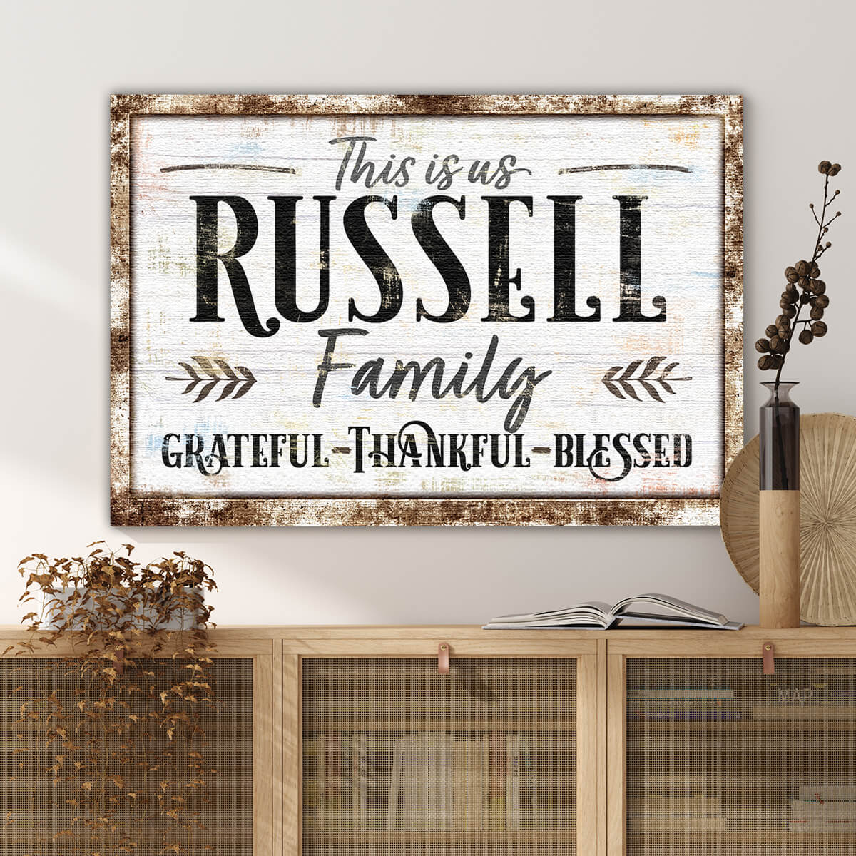 wooden bookshelf with personalized family name wall art - GearDen