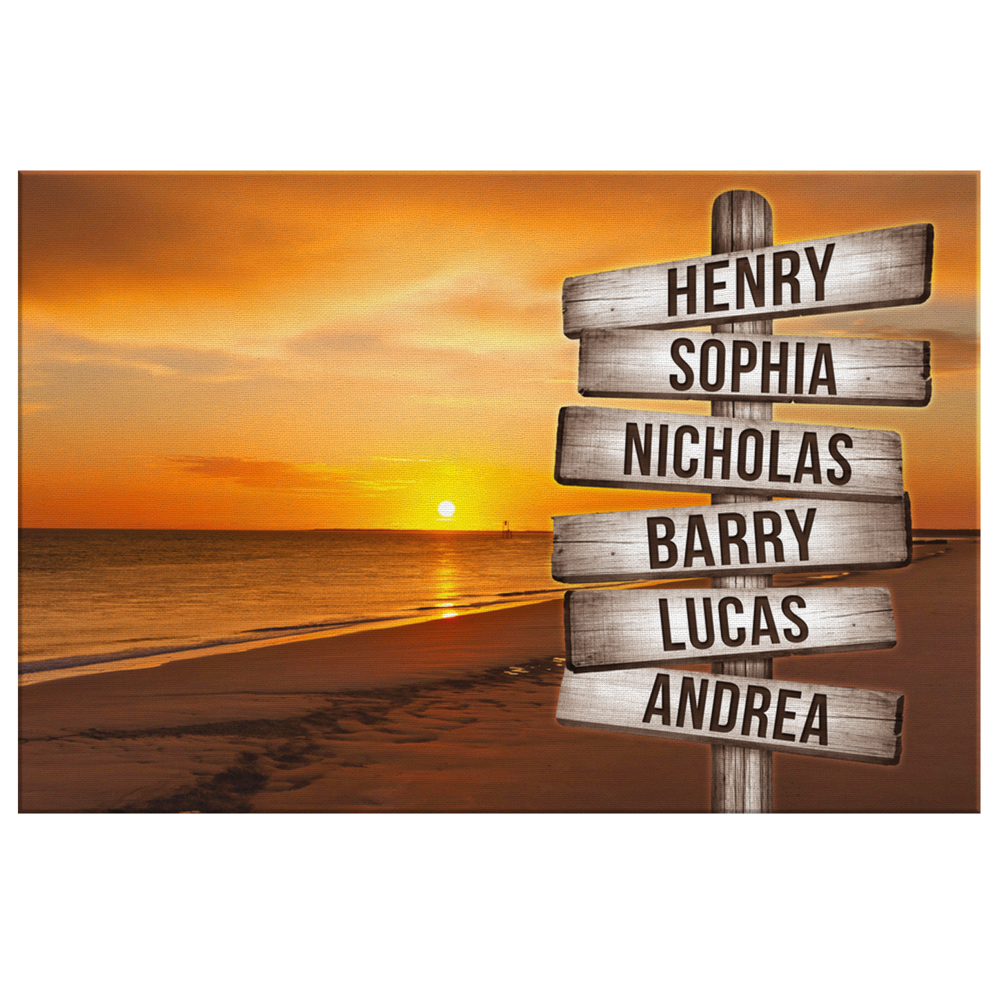Personalized "Sunset Beach - Names On Rustic Sign" Premium Canvas