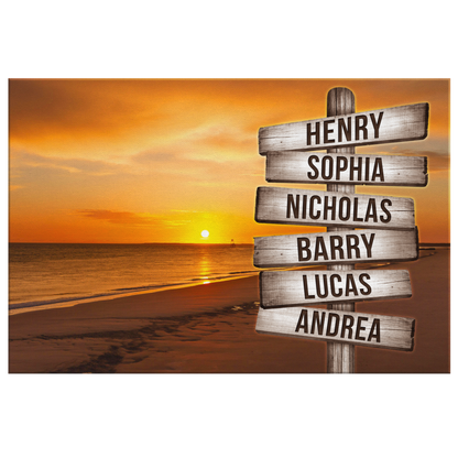 Personalized "Sunset Beach - Names On Rustic Sign" Premium Canvas