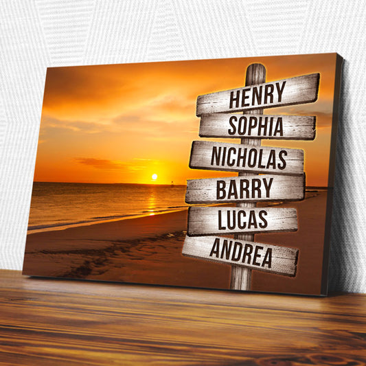 Personalized "Sunset Beach - Names On Rustic Sign" Premium Canvas