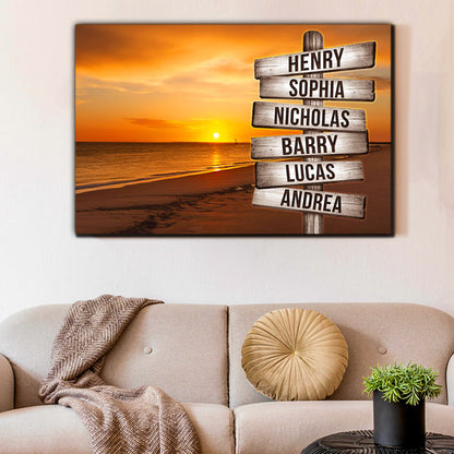 Personalized "Sunset Beach - Names On Wood Sign" Premium Canvas Wall Art