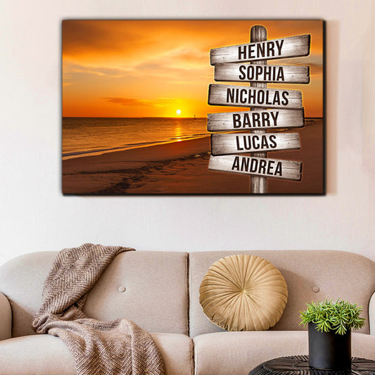 Personalized "Sunset Beach - Names On Wood Sign" Premium Canvas Wall Art