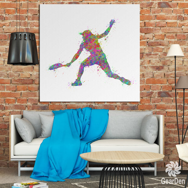 living room with red brick wall, gray couch, and tennis watercolor wall art print - Gear Den