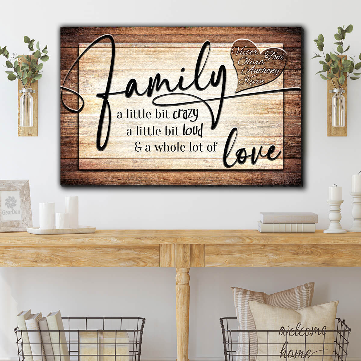 Personalized Heart Design "Family...Crazy, Loud, Love" Canvas Wall Art