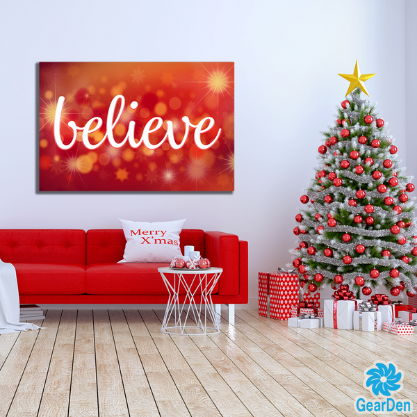 Red couch and Christmas tree with Red Wall art - Gear Den
